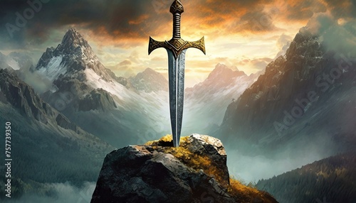 cross on top of mountain, Sword stuck in a rock like in the Excalibur legend , the mythical sword of king Arthur