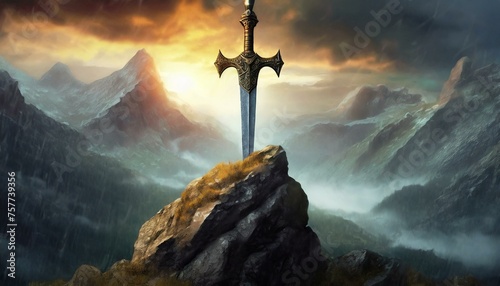 cross in the mountains, Sword stuck in a rock like in the Excalibur legend , the mythical sword of king Arthur