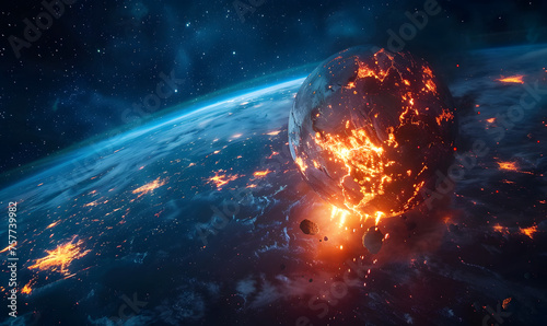 Meteor approaching Earth in space  the meteorite is approaching the planet  Generative AI 