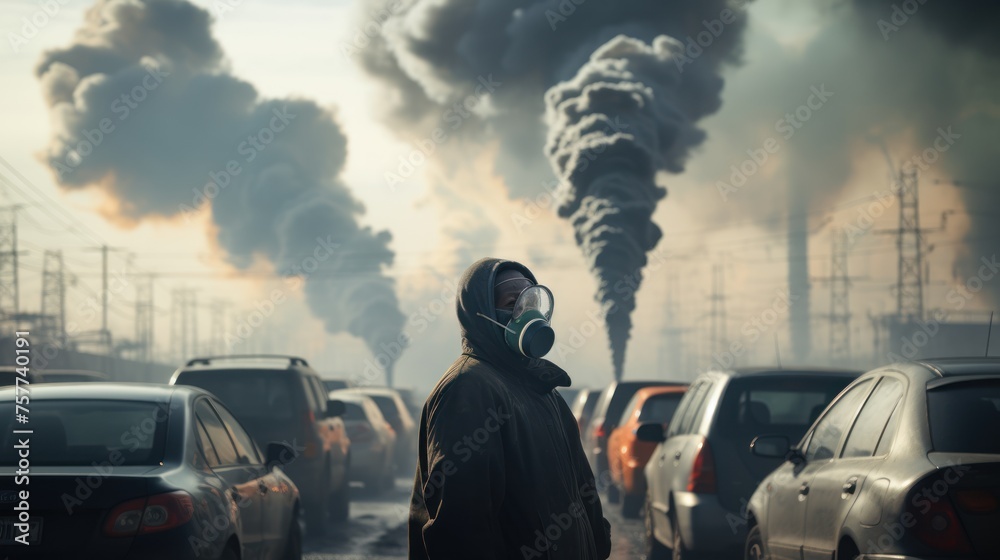 Fototapeta premium Toxic fumes from cars, factories, PM 2.5 dust, people wearing masks. Depicts the problem of air pollution.
