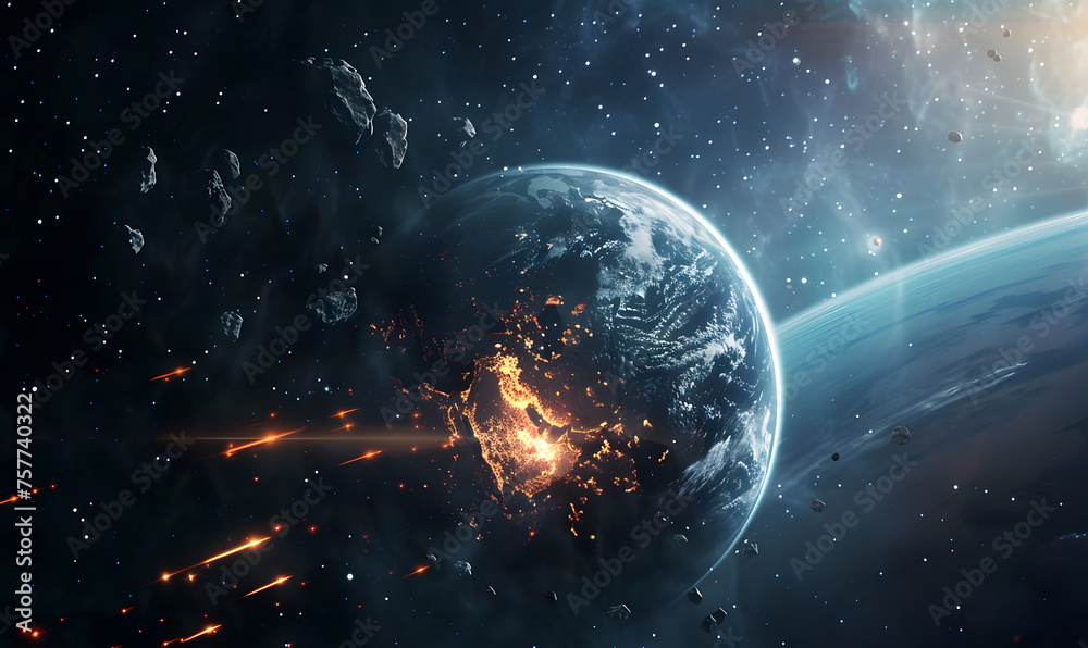 Obraz premium Meteor approaching Earth in space, the meteorite is approaching the planet, Generative AI 