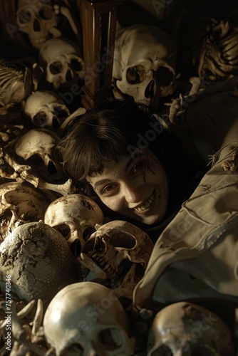 a girl is smiling , surrounded by bones and skulls, dark ambience
