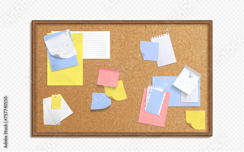 Cork board with color note papers attached with adhesive tape and pins. Realistic vector brown office corkboard with notepad pages and stickers for memory writings. Mockup for announcement notice.
