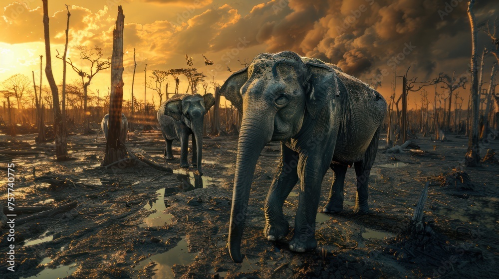 Wild elephants were killed Show the effects of deforestation. - obrazy, fototapety, plakaty 