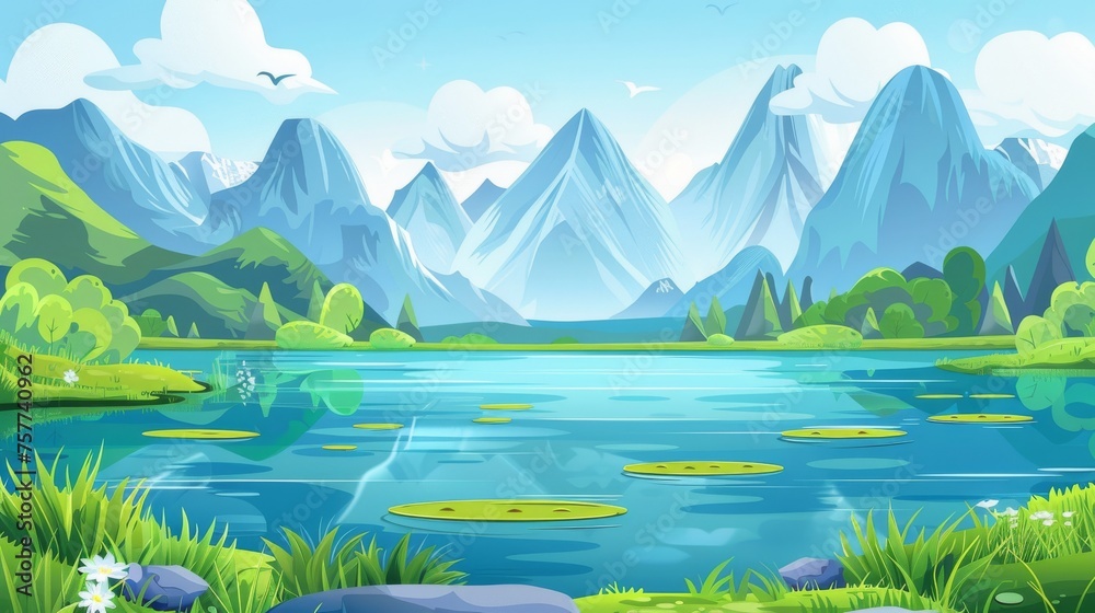 Fototapeta premium Sunny day scene near a lake at the foot of mountains with blue water, green grass and bushes, a water lily, peaks of the mountains, and clouds in the sky. Cartoon modern landscape.