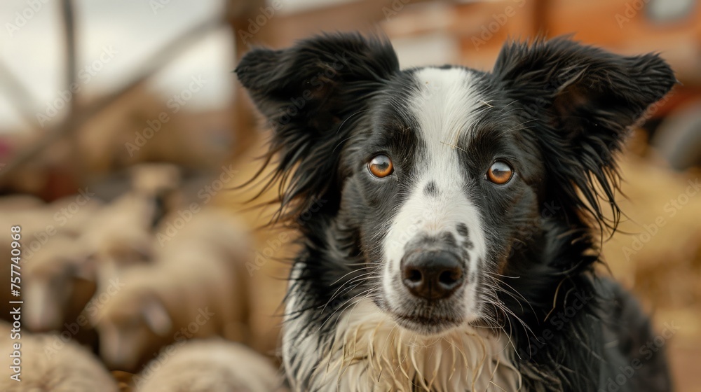 a cute border collie dog herding a flock of sheeps