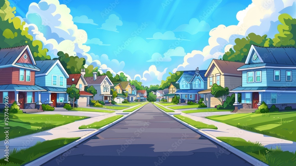 House in row on street with green grass on yards, roads, and driveways. Modern illustration of town scene with cottages and blue sky.