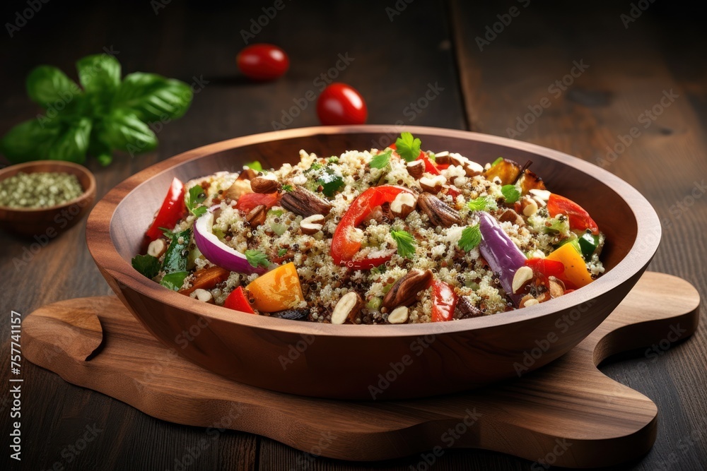 Quinoa salad with grilled vegetables, nuts and vinaigrette served on a wooden plate Quinoa salad with grilled vegetables, nuts and vinaigrette served on a wooden plate