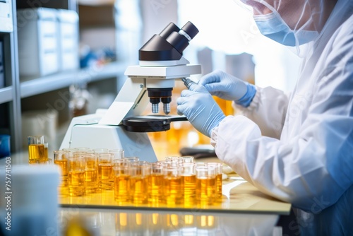 Urologist examining urine sediment under a microscope, focusing on identifying and analyzing microscopic elements for diagnostic purposes.