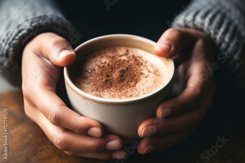 Photo of a person's hand holding a steaming cup of Champurrado, with cinnamon dusted on top.