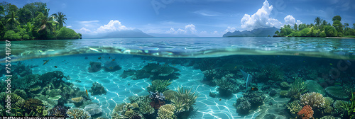 Abundant life in the crystal clear, Tropical Island And Coral Reef Split View With Waterline