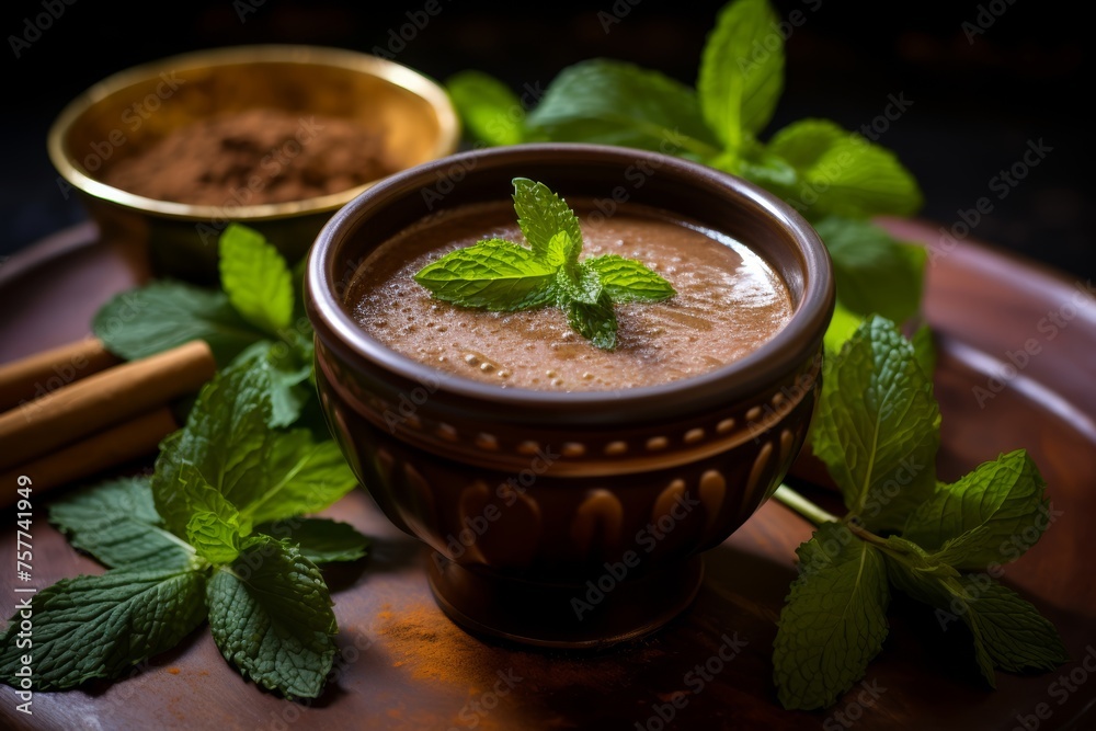 Champurrado with grated chocolate and fresh mint added for a refreshing touch. Champurrado with grated chocolate and fresh mint added for a refreshing touch.