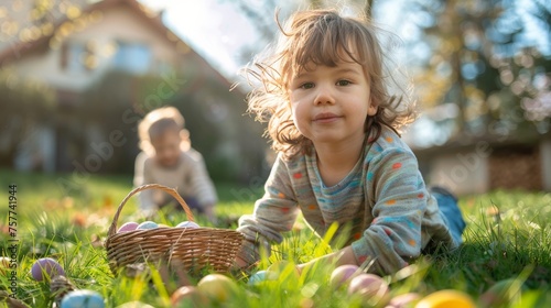 cheerful young kids with baskets searching for easter eggs in a garden
