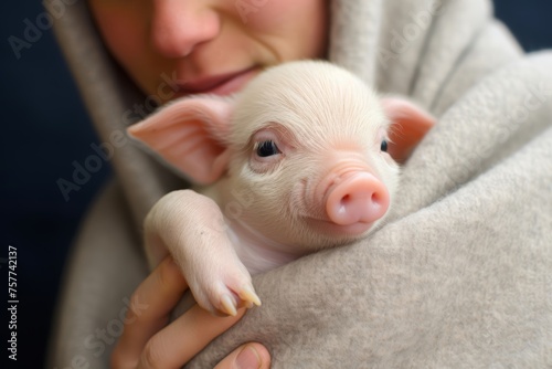 Portrait capturing the joyous expression of a mini pig as it is cradled by its owner, highlighting the comfort and security provided by their bond