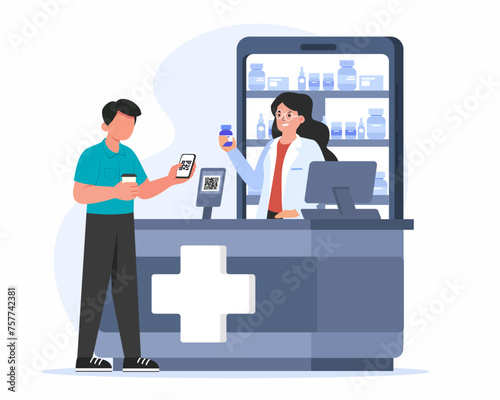 Customer hand holding mobile phone for medicine online payment QR scanning cashless payment pharmacist greeting visitor in a pharmacy store