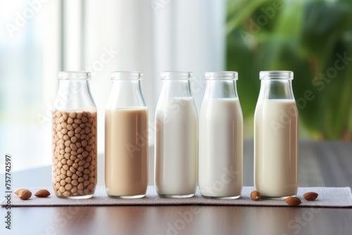 Soy milk in various flavors such as plain, sweet and chocolate is placed in a glass bottle on a wooden table, sunlight streaming through the window. Emphasize freshness, photo