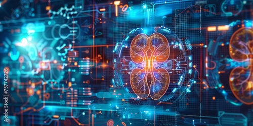 Futuristic kidney health analysis with holographic imagery and data visualization. © ParinApril