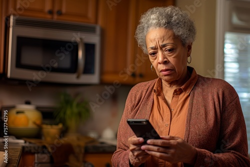 A senior woman, age 75, African American, standing in her kitchen, holding onto the countertop, visibly shaken by the upsetting news she hears on her cellphone