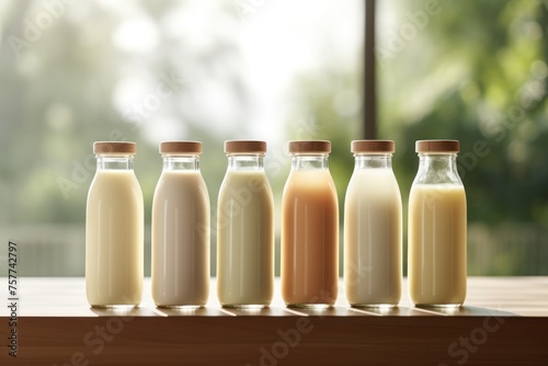 Soy milk in various flavors such as plain, sweet and chocolate is placed in a glass bottle on a wooden table, sunlight streaming through the window. Emphasize freshness, photo