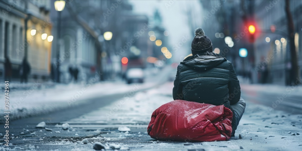 Obraz premium Person sitting on the street in cold weather, suggesting homelessness.