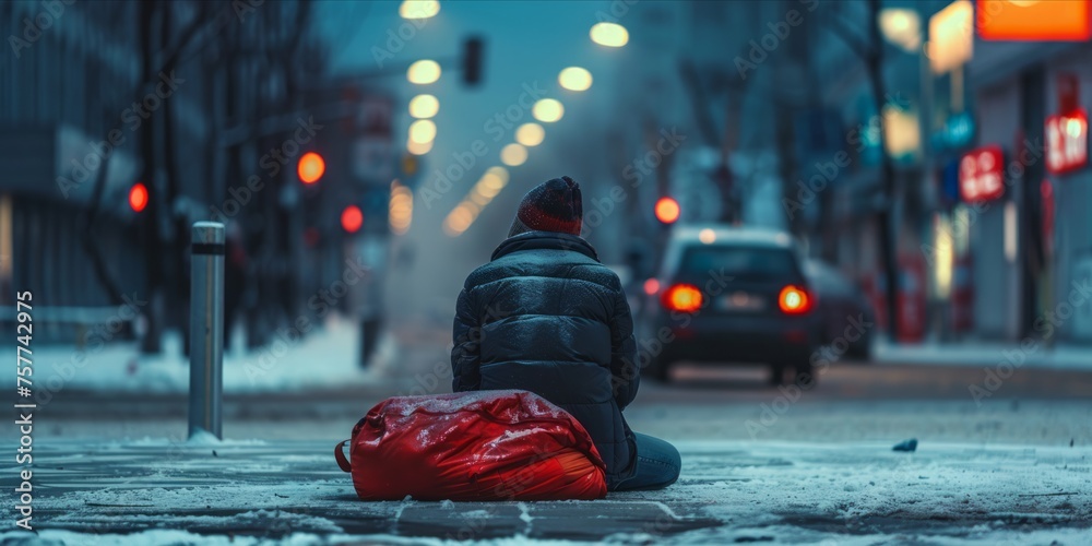 Obraz premium Person sitting on the street in cold weather, suggesting homelessness.