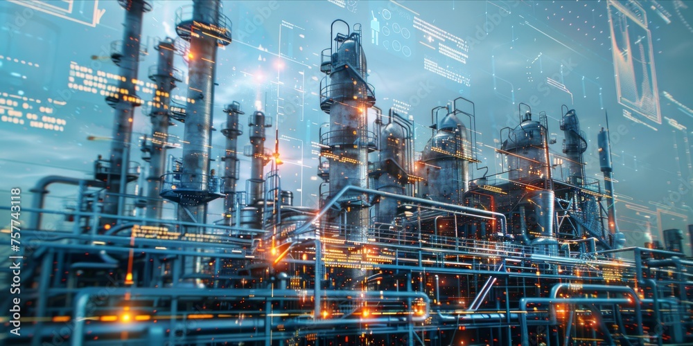 Industrial chemical plant with futuristic data analytics visualization.