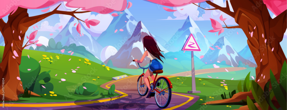 Fototapeta premium Young woman riding bicycle in mountain park. Vector cartoon illustration of active girl cycling on curvy road with warning sign, pink sakura tree petals flying in air, blue sky, healthy lifestyle