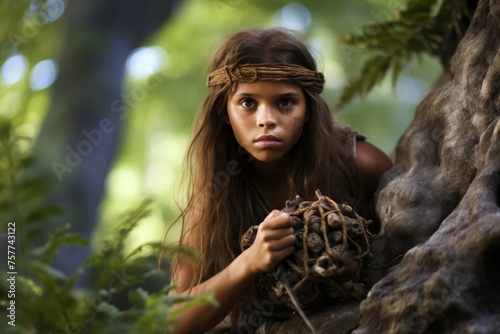 Neanderthal girl gathering berries in the ancient woodland, exuding strength and determination.