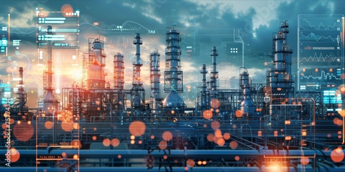 Industrial chemical plant with futuristic data analytics visualization. photo