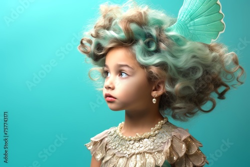 A toddler girl of Caucasian descent dressed as a mermaid, against a serene pastel aqua background, invoking dreams of underwater adventures. © Hanna Haradzetska