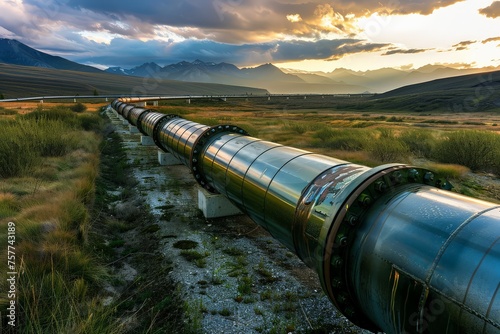 An industrial pipeline transporting gas methane through a landscape, illustrating energy infrastructure and environmental impact