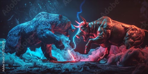 Sculptures of a bear and a bull facing off with a glowing rift between them.