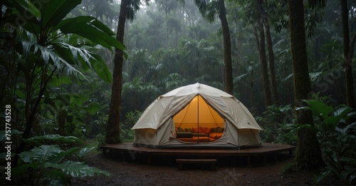 Rain drizzles on the forest tent, a serene meditation in the calm night of camping.