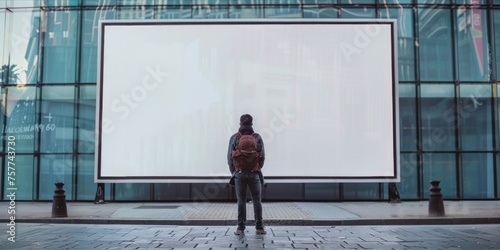 Man standing in front of a blank outdoor billboard.