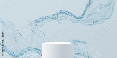 3d cosmetic background. 3d podium with abstract water splash blue background for cosmetic, perfume, and product presentation. 3d rendering illustration.