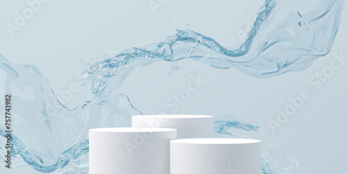 3d realistic cosmetic background. 3d podium with abstract water splash blue background for cosmetic, perfume, and product presentation. 3d illustration.