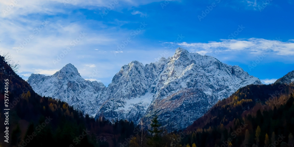 The banner mountain view of alpine as snow-capped mount peaks scene  in Winter mountains background