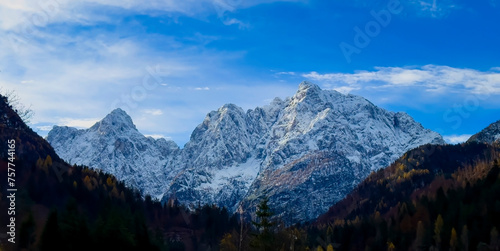 The banner mountain view of alpine as snow-capped mount peaks scene  in Winter mountains background