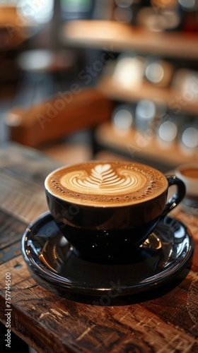 a black cup of coffee with latte art on a wooden counter table