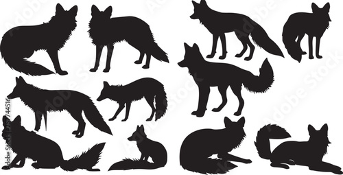 Wild red fox black vector silhouette set isolated on white stock illustration