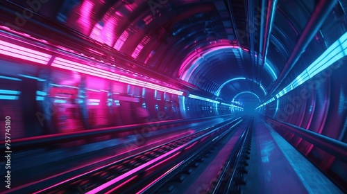 Fast underground subway train racing through the tunnels. Neon pink and blue light