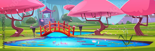 Japanese city park with koi fishes and lotus in pond, wooden bridge, pink flowering sakura trees and traditional shape gazebo. Cartoon vector illustration of spring landscape with blossom cherry.