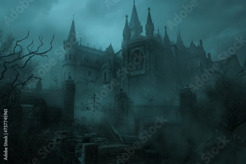 Spooky old gothic castle, foggy night, haunted mansion, illustration