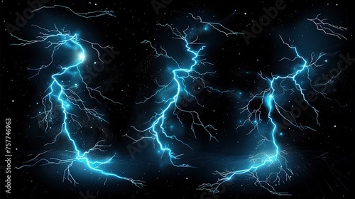 Dramatic blue lightning crackles across a stormy black sky
