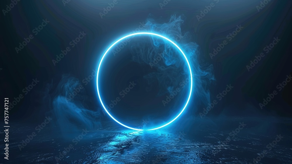 A blue neon cirle in the dark void of space, illuminated
