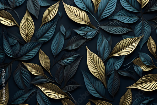 Green and gold volumetric leaves on a black background   generated by AI. 3D illustration