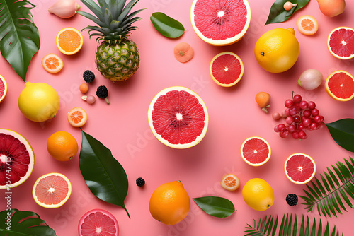 Pink background  paintings with tropical fruits and flowers   generated by AI. 3D illustration