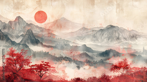 A traditional Chinese ink painting of hills and trees on textured paper  featuring an old Asian-Japanese design. A beautiful artwork that evokes a peaceful and serene atmosphere.