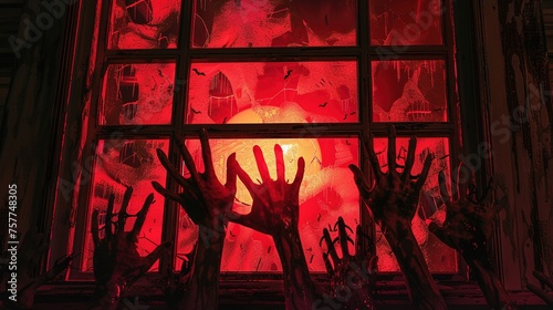 Spooky many zombie hands outside the window, red glowing light. Halloween or horror movie concept