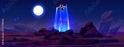 Blue magic portal on fantasy space game landscape background. Adventure on alien planet with ancient rock and stone scene in desert with moon and cliff. 2d futuristic hologram teleport with neon light © klyaksun